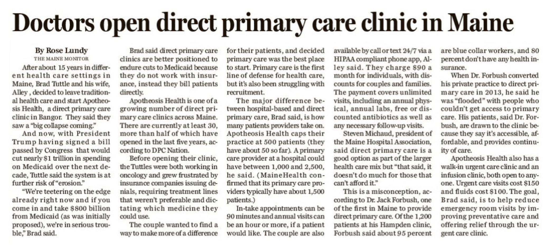 News clipping titled Doctors open direct primary care clinic in Maine